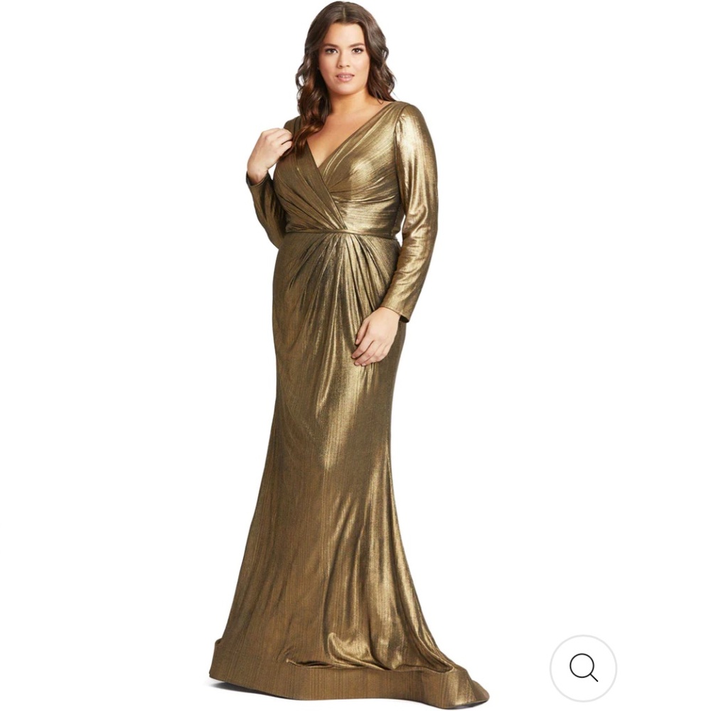 MAC DUGGAL 49073 Metallic Gown Liquid Gold Bronze Long Sleeve Faux Wrap 22W NWT